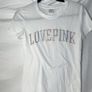 Victoria's Secret PINK campus gray rhinestone rainbow bling tee shirt top xs
